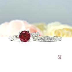 Lab Ruby Round Engagement Ring CZ Pave Accents Sterling Silver Optional Matching Band