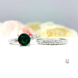 Lab Created Emerald Engagement Ring -  Round CZ Pave Accents -  Sterling Silver - Optional Matching Band