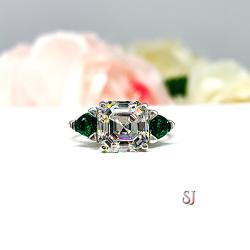 Asscher CZ Lab Created Emerald Engagement Ring - 3 Stone - Emerald Trillion Side Stones - Sterling Silver