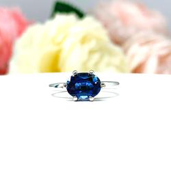 Lab Blue Sapphire Oval Horizontal Set Ring Size 5 – 8x6mm, Sterling Silver