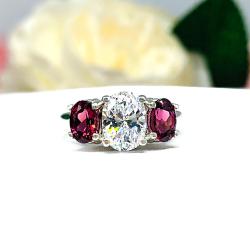 Oval Cubic Zirconia 3-Stone Engagement Ring Size 6 – Rhodolite Garnet, 8x6mm, Sterling Silver