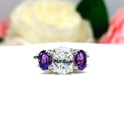 Oval CZ & African Amethyst 3-Stone Engagement Ring – 8x6mm Center, Sterling Silver