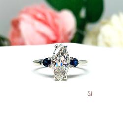 Marquise CZ & Lab Blue Sapphire Engagement Ring Size 7 – 12x6mm, Near Colorless, Sterling Silver
