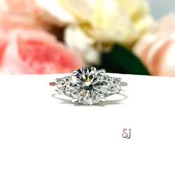 Round-Cut CZ 3-Stone Engagement Ring • 8mm Center, Sterling Silver, Size 6