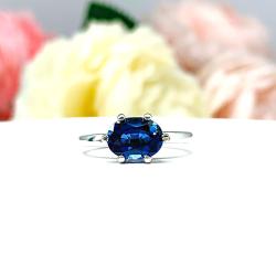 Oval-Cut Lab Blue Sapphire East-West Ring • 8x6mm, Sterling Silver, Size 5