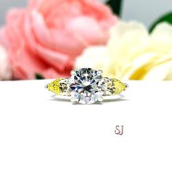 Round-Cut CZ & Canary Yellow Pear 3-Stone Engagement Ring • Sterling Silver, Size 6