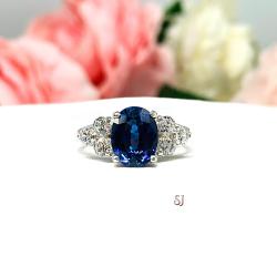 Oval-Cut Lab Blue Sapphire Ring • CZ Accents, 9x7mm, Sterling Silver, Size 7