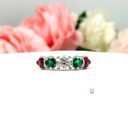 Round-Cut Lab Gemstone Christmas 5-Stone Ring • 4mm, Emerald, Ruby, CZ, Size 7