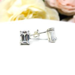 Emerald Cut Cubic Zirconia Stud Earrings – 7x5mm, Sterling Silver