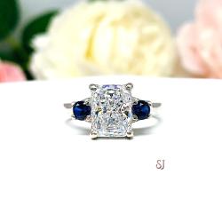 Radiant-Cut CZ & Lab Blue Sapphire 3-Stone Engagement Ring • 9x7mm, Sterling Silver, Size 7