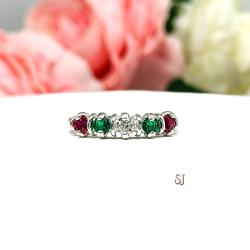 Round-Cut Lab Gemstone Christmas 5-Stone Ring • 3mm, Emerald, Ruby, CZ, Size 5.25