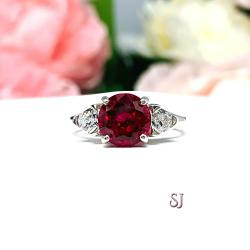 Round-Cut Lab Ruby & Trillion-Cut CZ 3-Stone Ring • 8mm, Sterling Silver, Size 7
