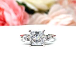 Princess CZ 3-Stone Engagement Ring Size 8 – 7mm, Pear Side Stones, Sterling Silver