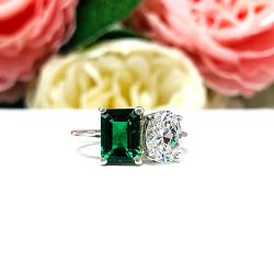 Emerald-Cut Emerald & Oval‑Cut CZ Toi Et Moi Ring • Sterling Silver