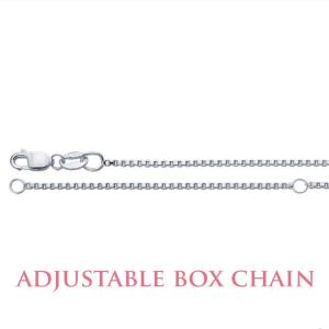 A sterling silver adjustable box chain necklace. The chain is made of small, square links. The chain is shown in two lengths, with the longer length having a lobster clasp and the shorter length having a jump ring.