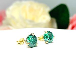 Round-Cut Emerald Green Moissanite Stud Earrings • 6mm—8mm, Martini, 14k Gold