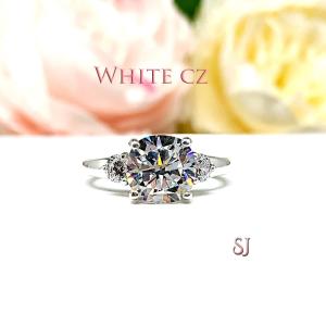 Cushion-Cut CZ 3-Stone Engagement Ring • 8mm, Round Accents, Sterling Silver