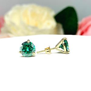 Round-Cut Emerald Green Moissanite Stud Earrings • 6mm—8mm, Martini, 14k Gold
