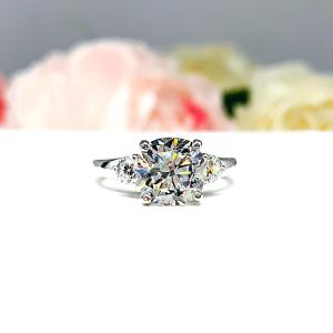 Cushion-Cut CZ 3-Stone Engagement Ring • 8mm, Round Accents, Sterling Silver