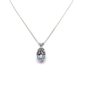 Sterling silver pendant featuring a 14×10 mm genuine aquamarine in an eight‑prong setting on a box chain.