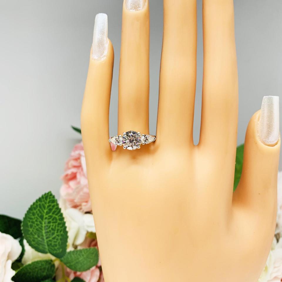 Round CZ Pear 3 Stone Engagement Ring Near Colorless CZ Sterling Silver
