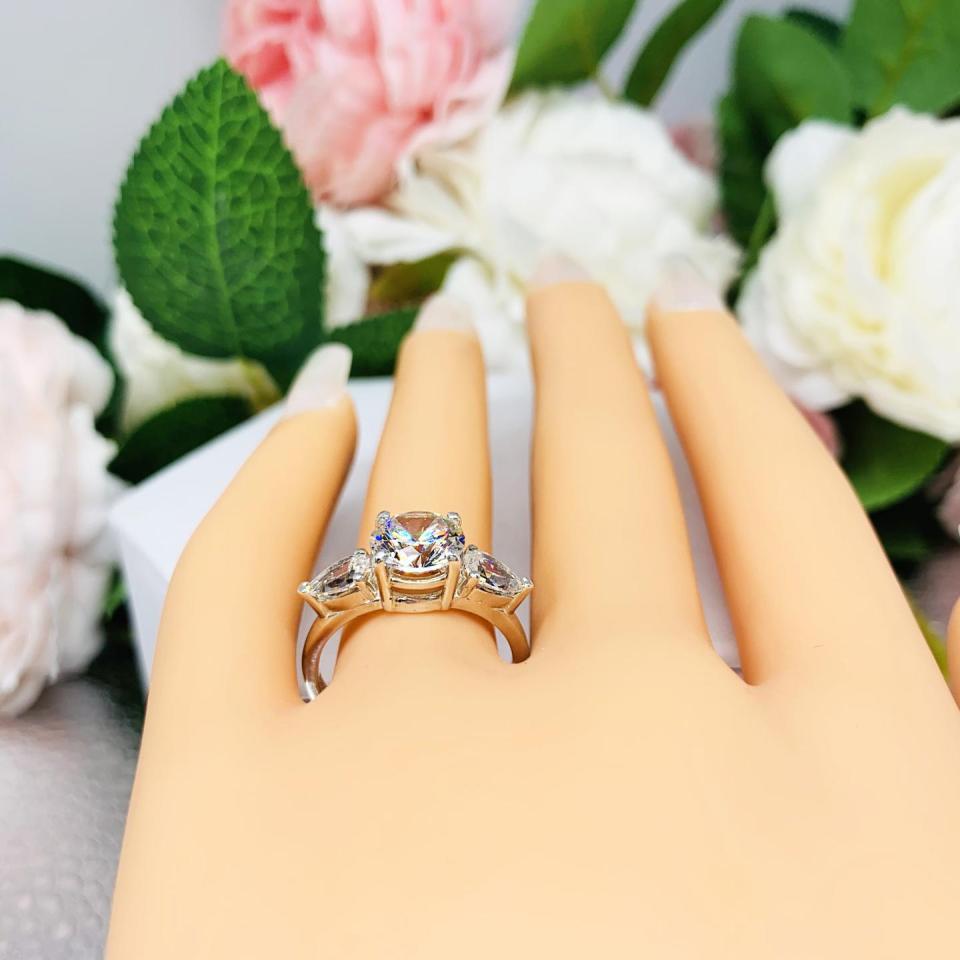 Round CZ Pear 3 Stone Engagement Ring Near Colorless CZ Sterling Silver