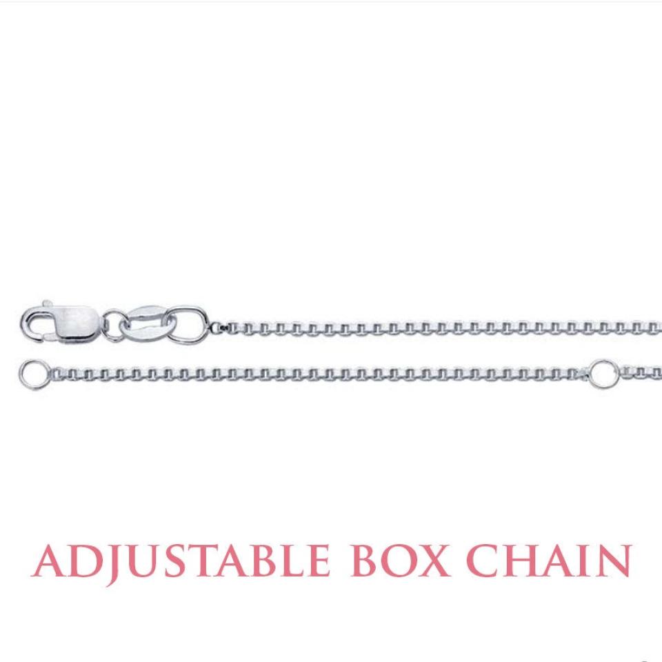 A sterling silver adjustable box chain necklace. The chain is made of small, square-shaped links. The chain is shown in two positions, one with the clasp and the other with the extender chain. The text 'ADJUSTABLE BOX CHAIN' is displayed below the chain.