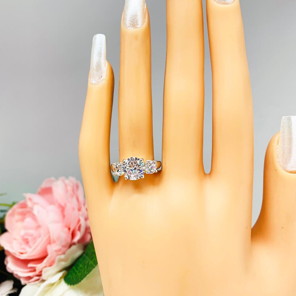 Round Cubic Zirconia Three Stone Tulip Engagement Ring