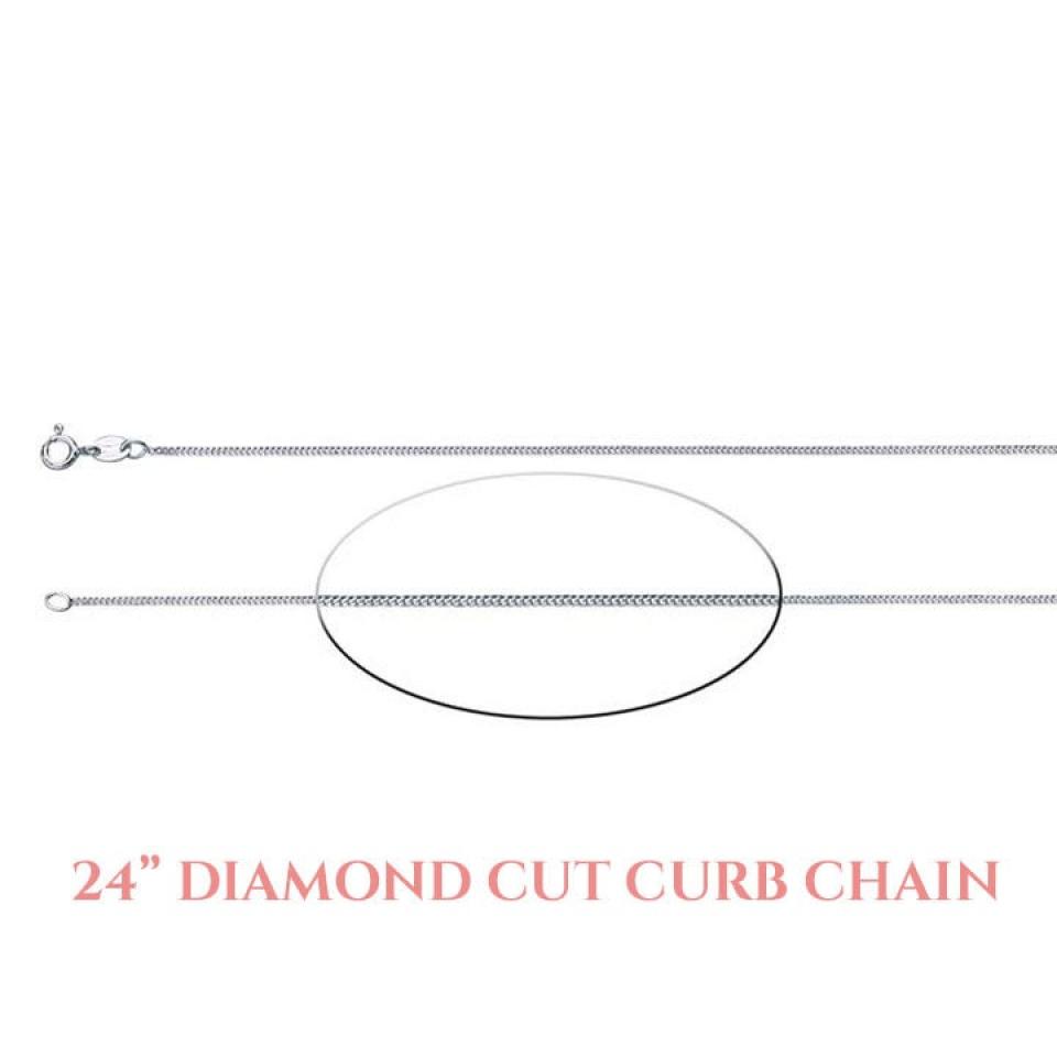 A 24 inch diamond cut curb chain necklace. The chain is sterling silver and is displayed on a white background.