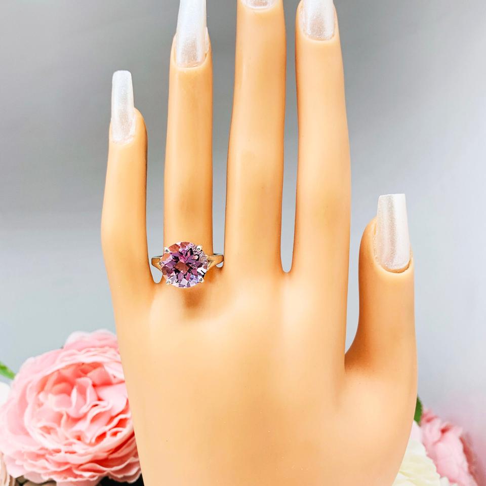 Round-Cut Rose de France Amethyst Solitaire Ring • 10mm, 12mm, Sterling Silver