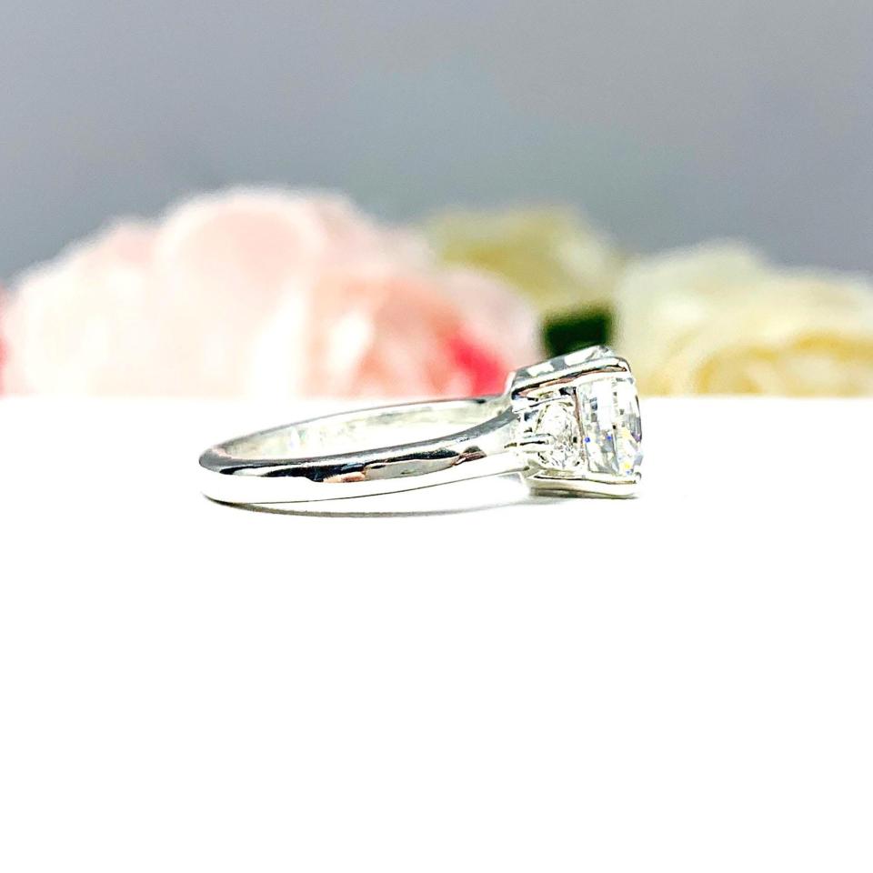 Cushion-Cut CZ 3-Stone Engagement Ring • 8mm, Round Accents, Sterling Silver