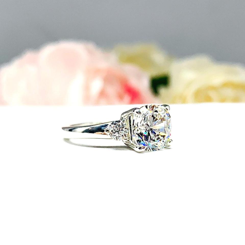 Cushion-Cut CZ 3-Stone Engagement Ring • 8mm, Round Accents, Sterling Silver