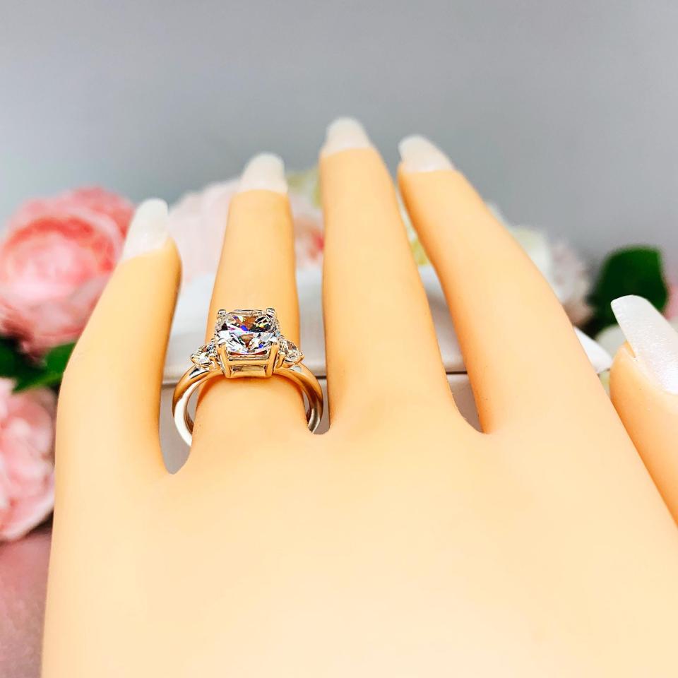 Cushion-Cut CZ 3-Stone Engagement Ring • 8mm, Round Accents, Sterling Silver