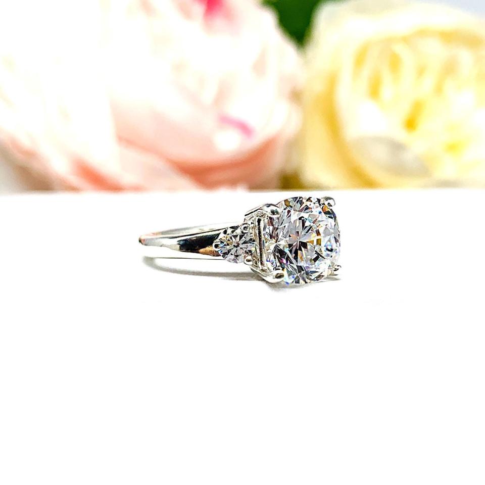 Cushion-Cut CZ 3-Stone Engagement Ring • 8mm, Round Accents, Sterling Silver