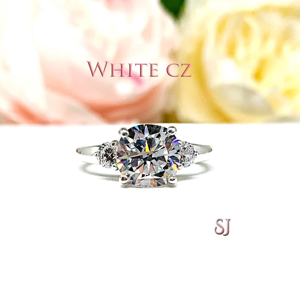 Cushion-Cut CZ 3-Stone Engagement Ring • 8mm, Round Accents, Sterling Silver