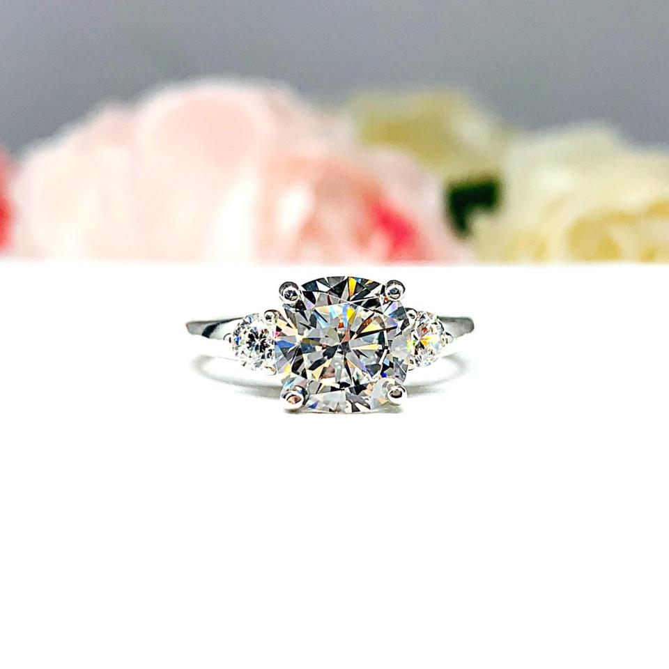 Cushion-Cut CZ 3-Stone Engagement Ring • 8mm, Round Accents, Sterling Silver