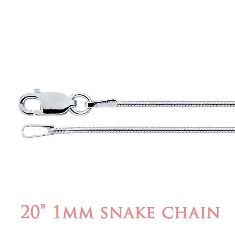 A close-up image of a sterling silver chain with a lobster clasp closure. The chain features a seamed snake design, characterized by tightly interlocked curved metal plates that create a smooth, flexible, and fluid appearance. The surface is highly polished, giving it a mirror-like shine and a sleek, continuous texture. At the bottom of the image, text in a soft rose-colored font reads “20" 1mm Snake Chain.”