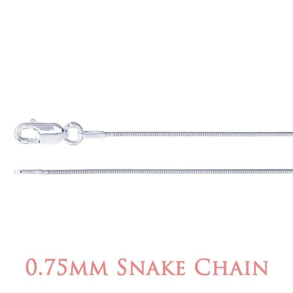 A close-up image of a sterling silver chain with a lobster clasp closure. The chain features a seamed snake design, characterized by tightly interlocked curved metal plates that create a smooth, flexible, and fluid appearance. The surface is highly polished, giving it a mirror-like shine and a sleek, continuous texture. At the bottom of the image, text in a soft rose-colored font reads “0.75mm Snake Chain.”